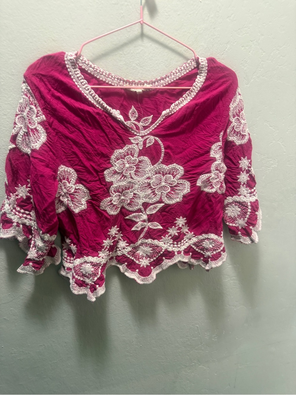Embroidered Fuchsia Women’s Boho Top large white lace